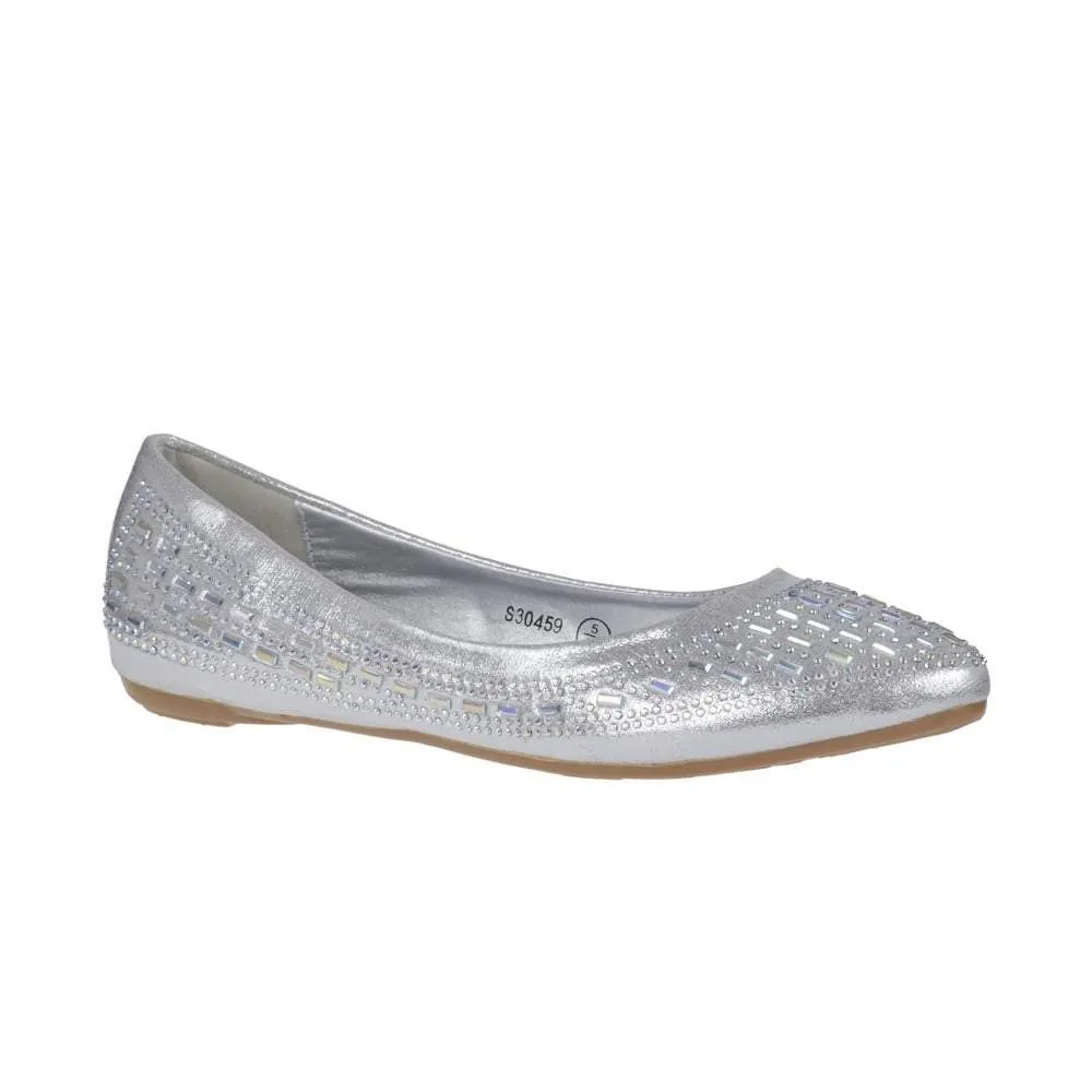 Flat Ballerina Pumps With Diamante And Mirror Stones