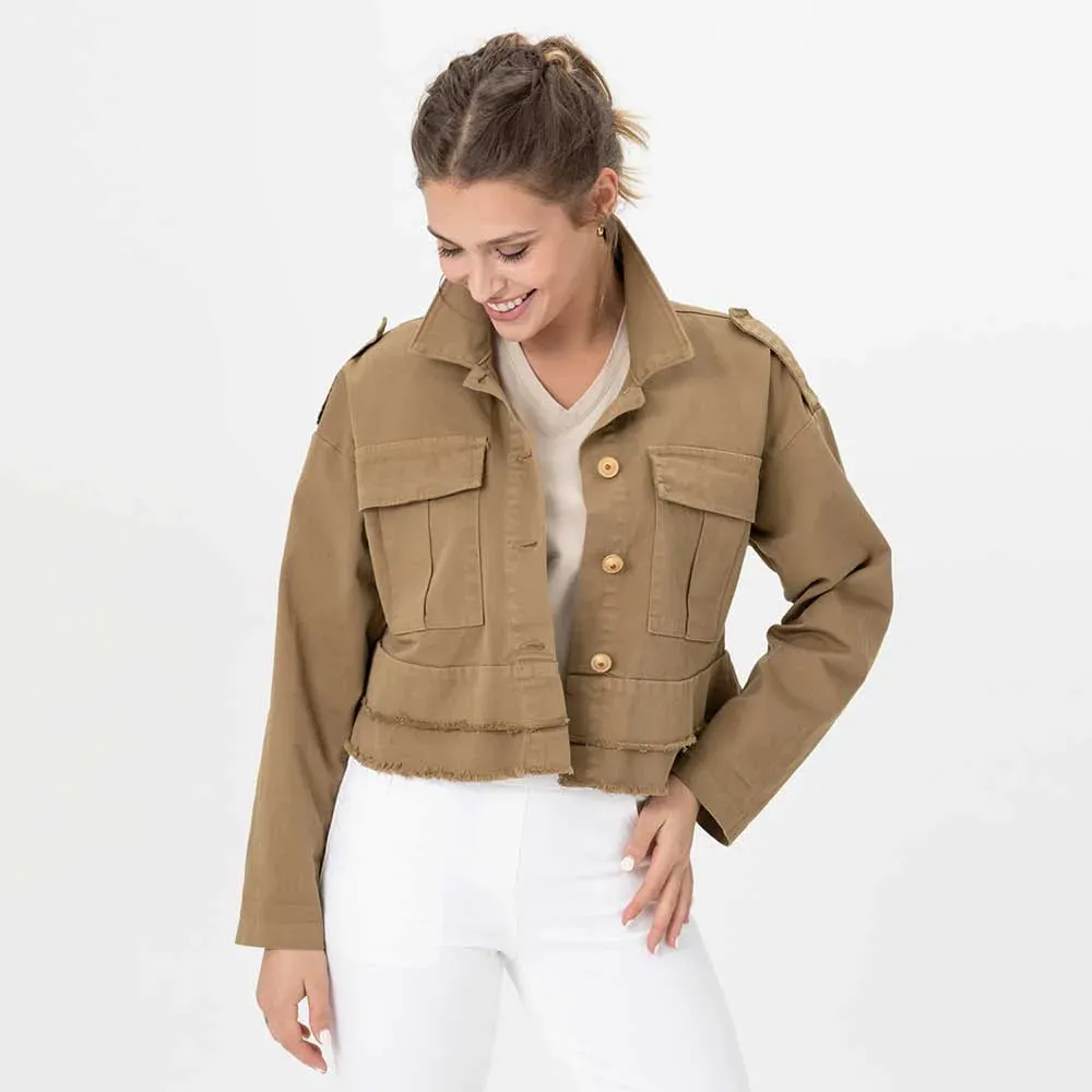 REN3817 Woven Croped Jacket W/Frayed Hem