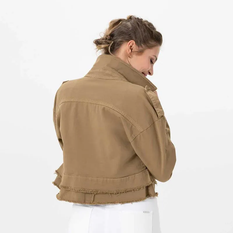 REN3817 Woven Croped Jacket W/Frayed Hem