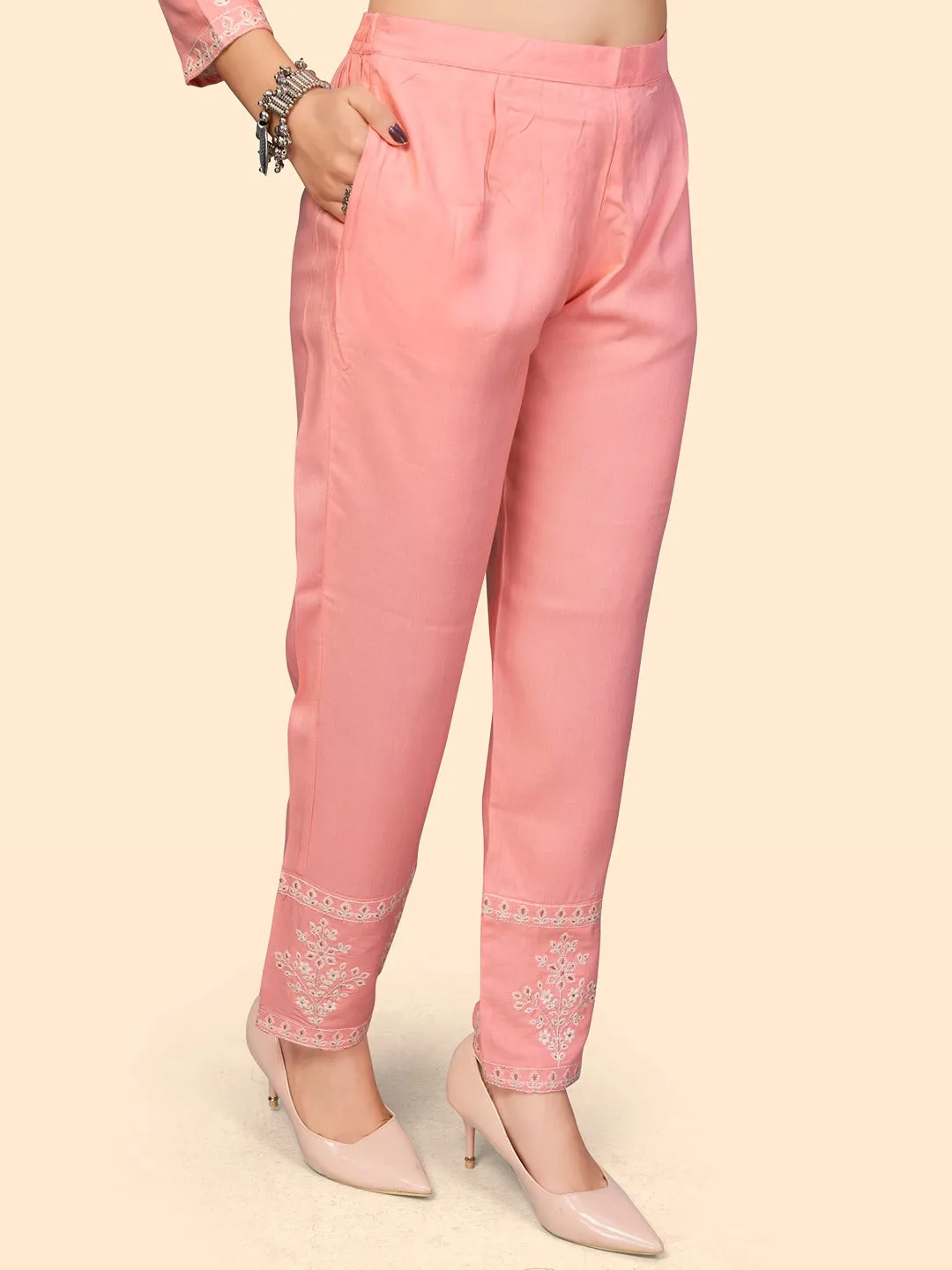 Women'S Embroidered Straight Rayon Light Pink Stitched Kurta Pant With Dupatta