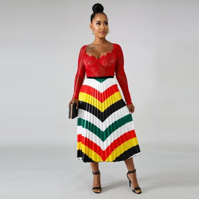 Women's High Waist Pleated Midi Skirt