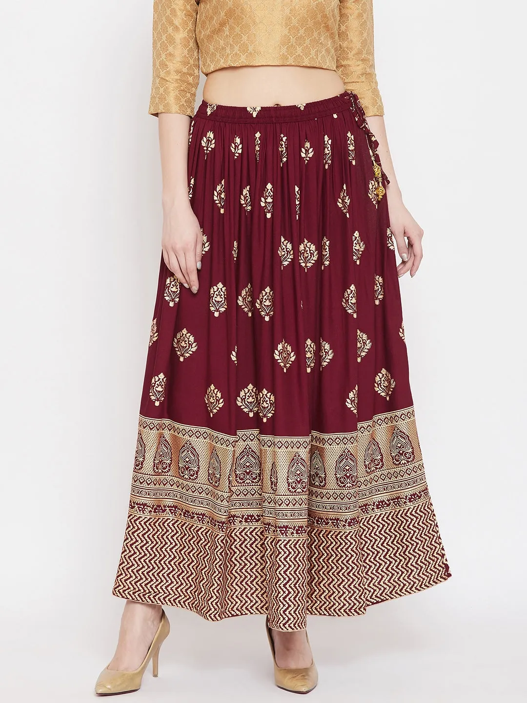 Women'S Maroon Flared Printed Maxi Skirt