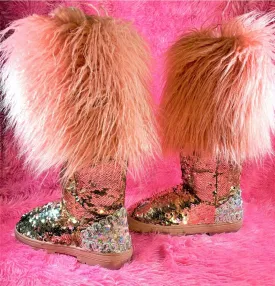 Womens Mermaid Pink Silver Sequin Faux Mongolian Fur Winter Boots
