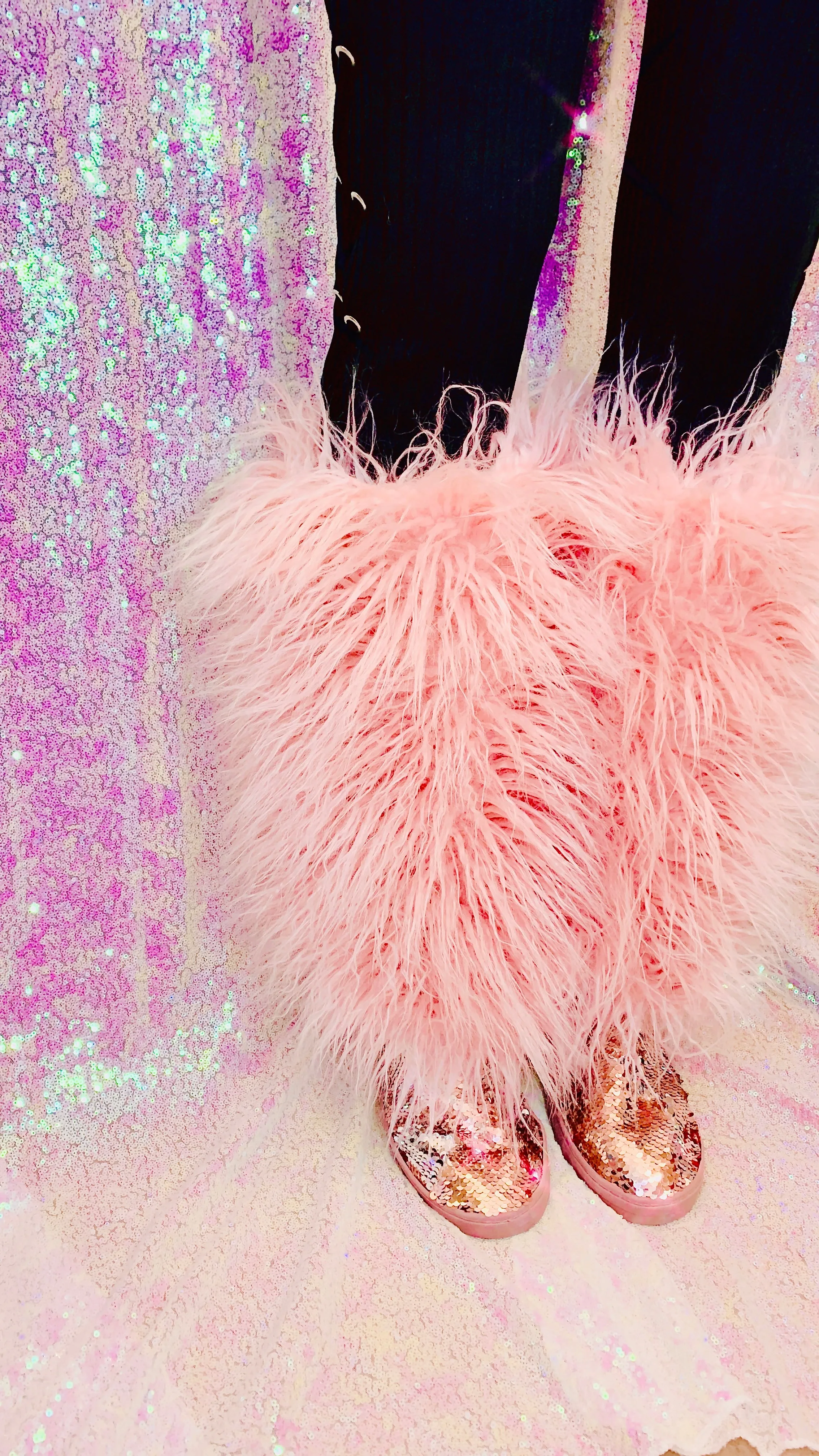 Womens Mermaid Pink Silver Sequin Faux Mongolian Fur Winter Boots