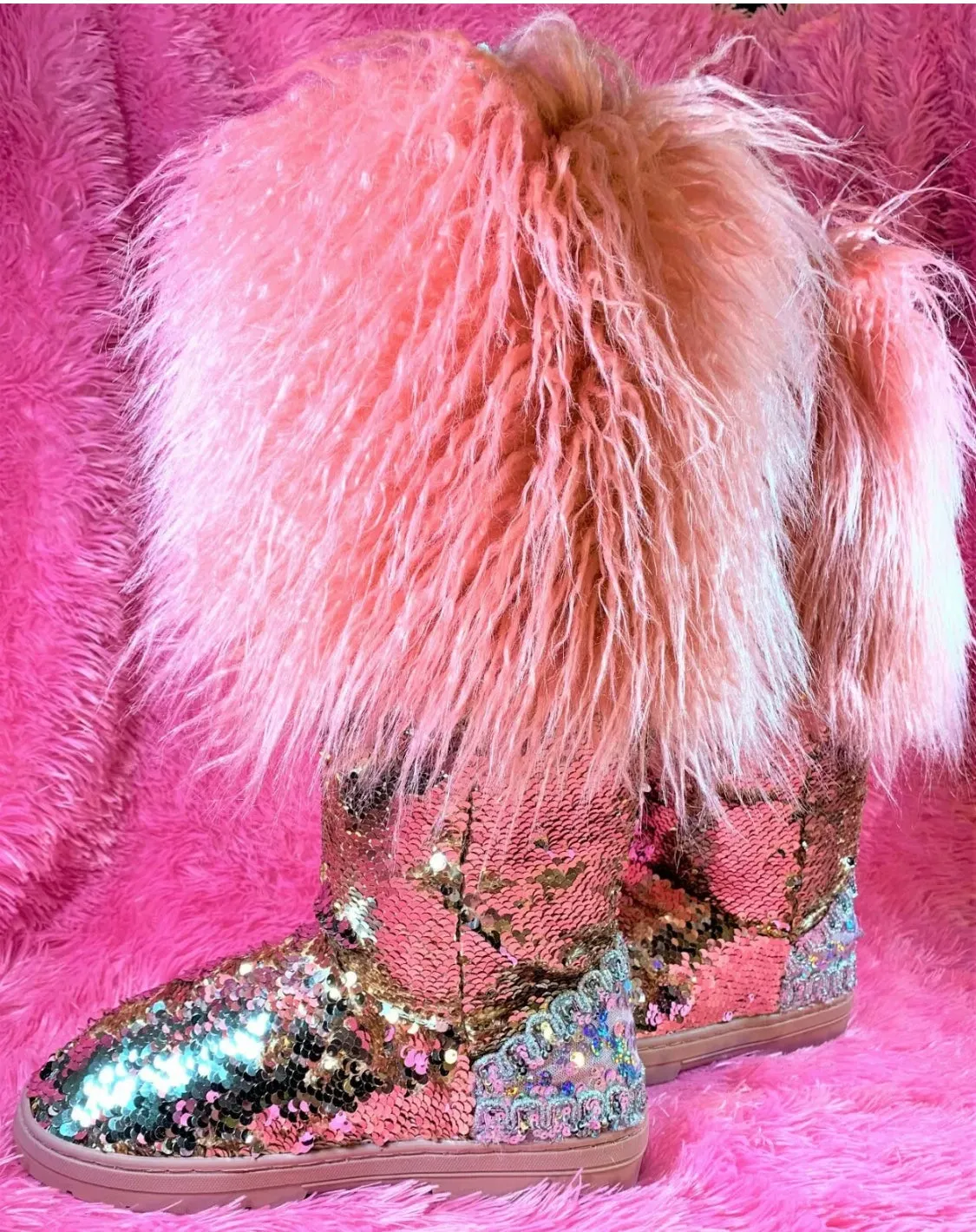Womens Mermaid Pink Silver Sequin Faux Mongolian Fur Winter Boots