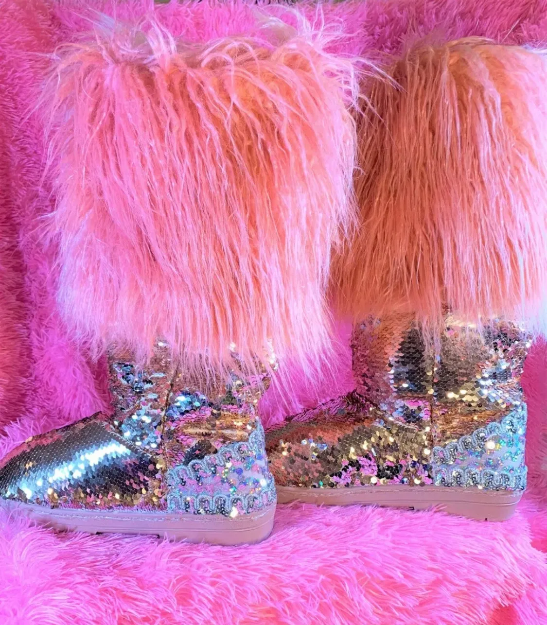 Womens Mermaid Pink Silver Sequin Faux Mongolian Fur Winter Boots