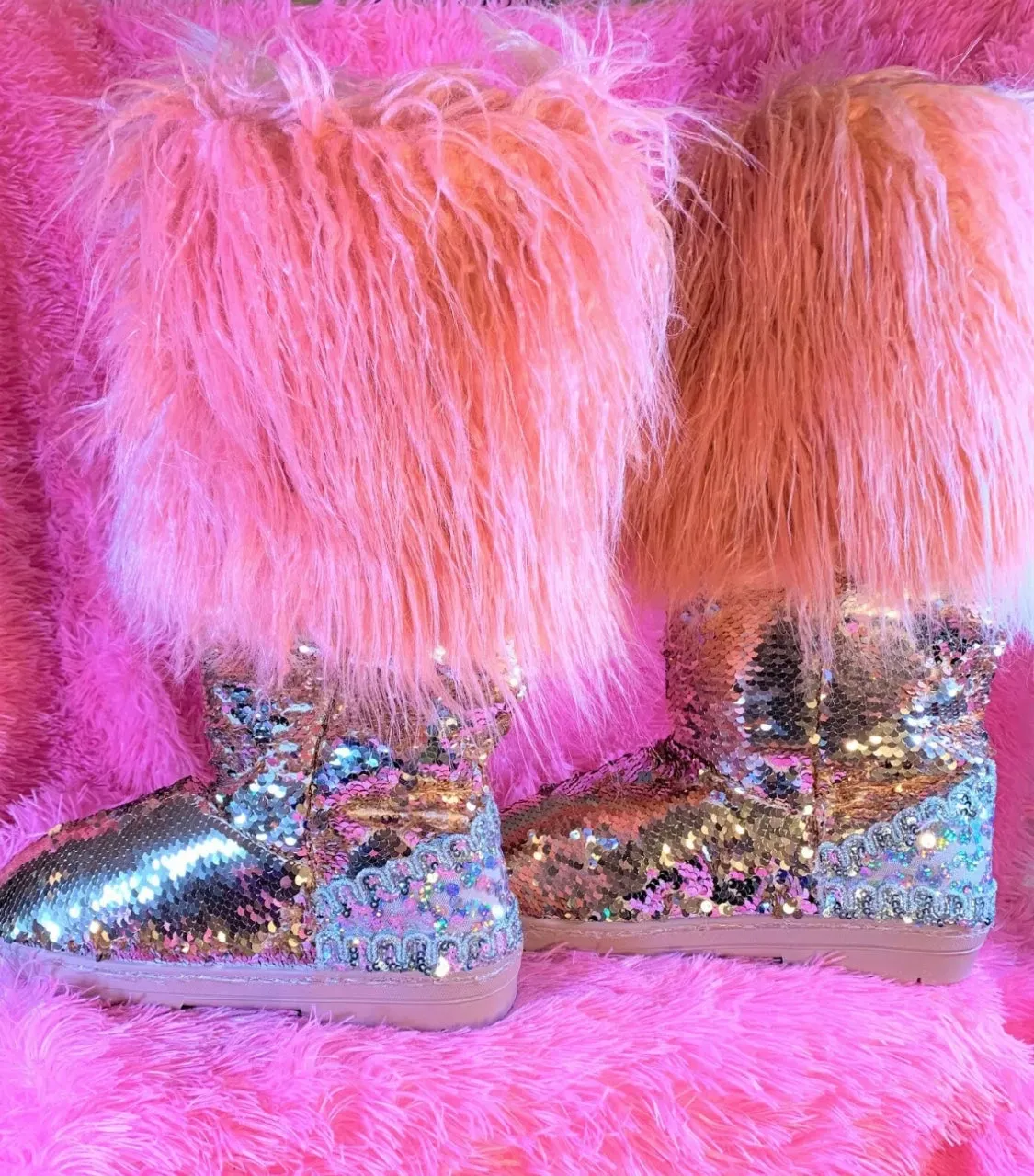 Womens Mermaid Pink Silver Sequin Faux Mongolian Fur Winter Boots