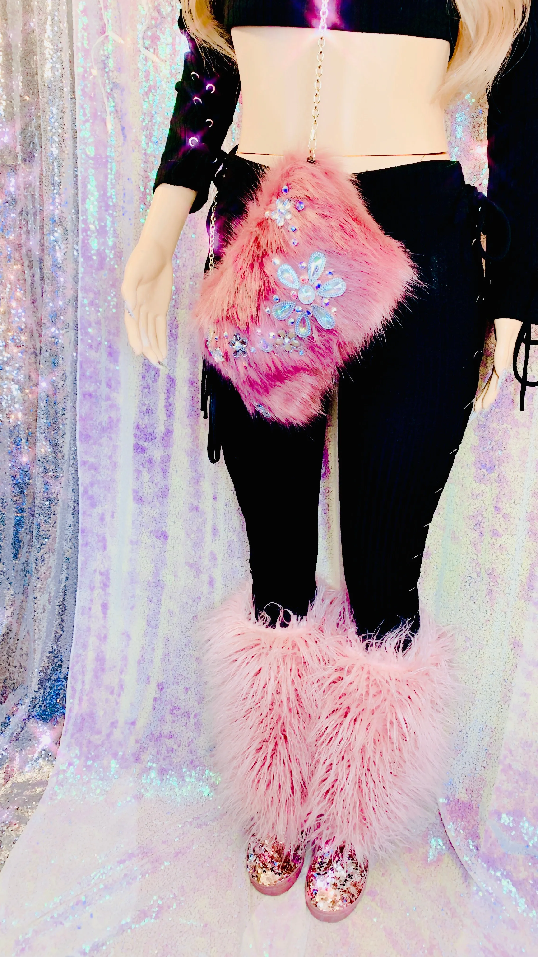 Womens Mermaid Pink Silver Sequin Faux Mongolian Fur Winter Boots