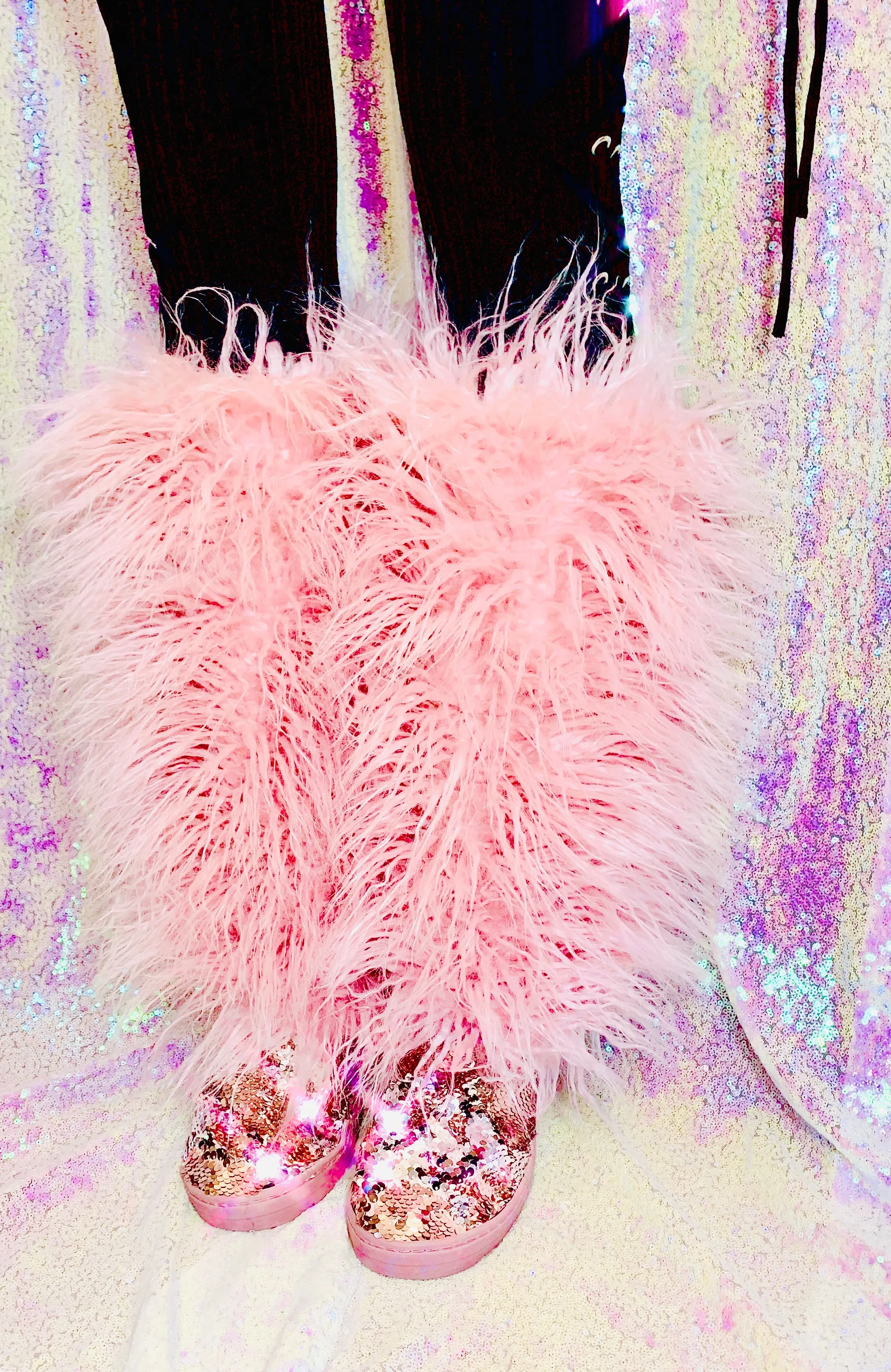 Womens Mermaid Pink Silver Sequin Faux Mongolian Fur Winter Boots
