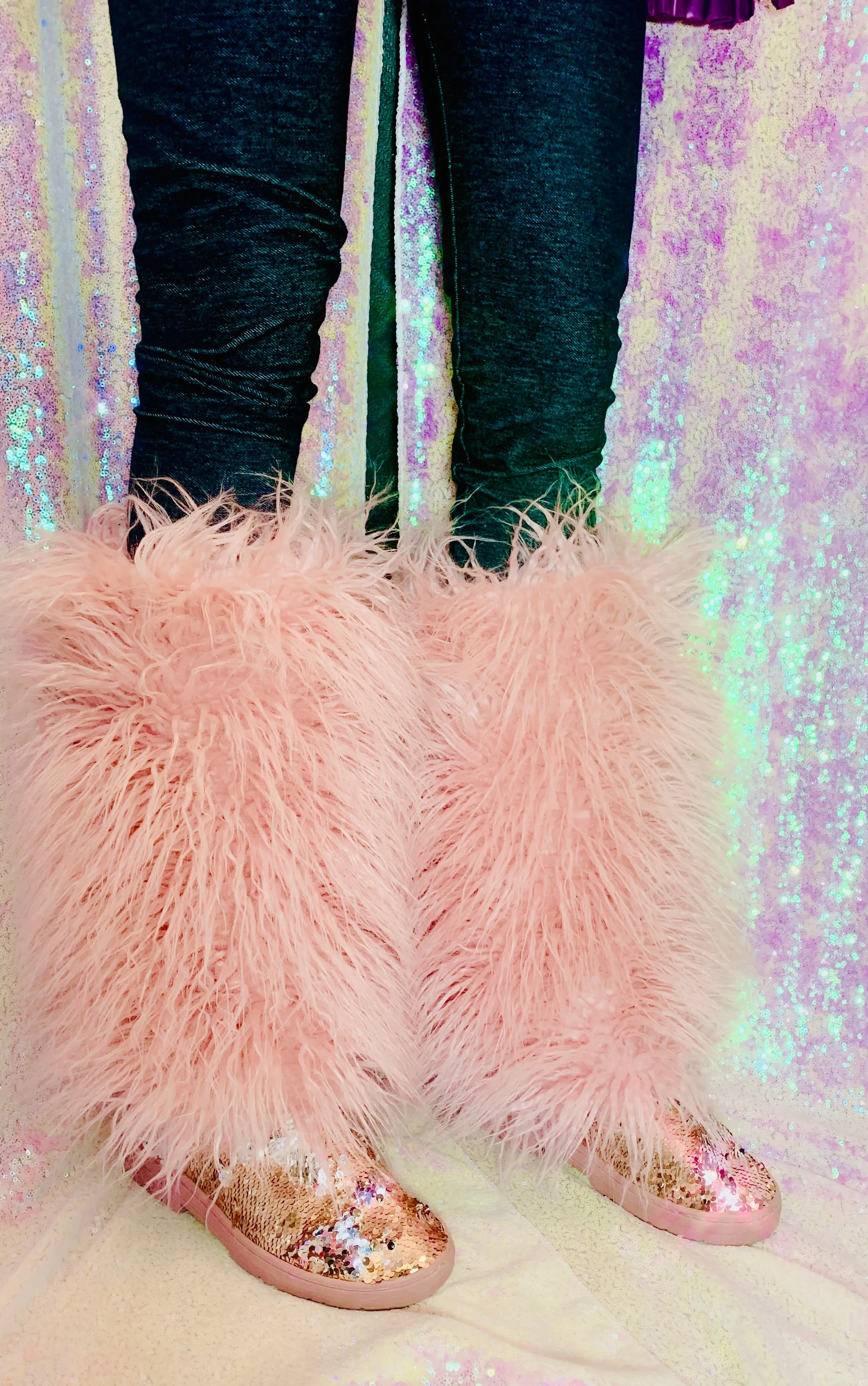 Womens Mermaid Pink Silver Sequin Faux Mongolian Fur Winter Boots