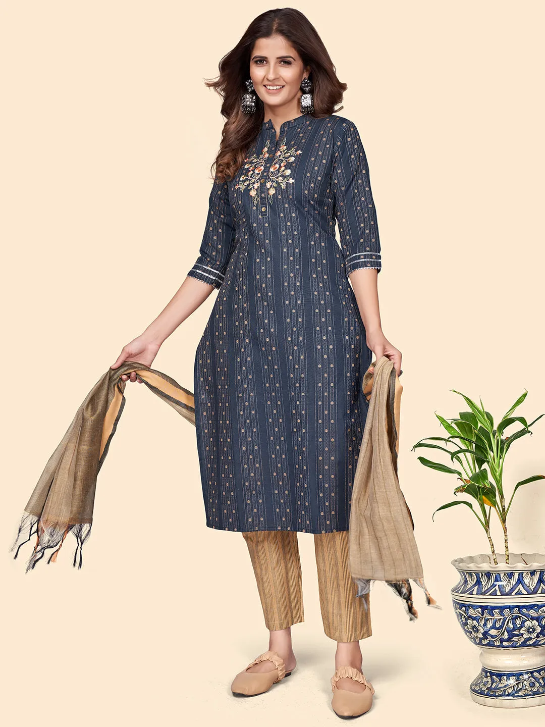 Women'S Print & Embroidered Straight Cotton Blend Navy Blue Stitched Kurta Pant With Dupatta