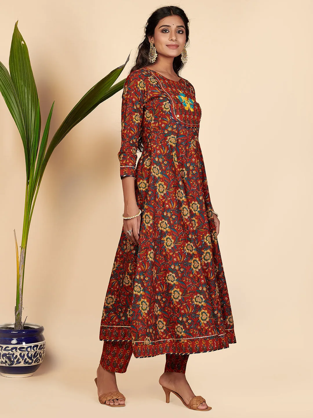 Women'S Printed & Hand Work Anarkali Cotton Maroon Stitched Kurta Pant With Dupatta